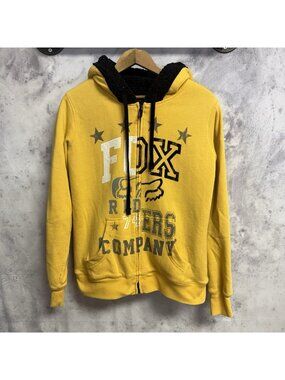 Fox Racing Hoodie Womens Medium Yellow Full Zip Fleece Lined Y2K Grunge